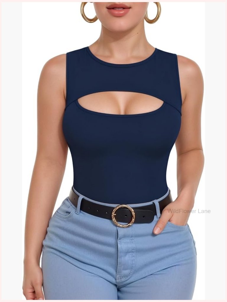 Cut Out Front Ribbed Tank Tops For Women Crew Neck Sleeveless Casual Shirts